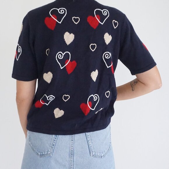 Vintage Christopher & Banks Navy Heart Button Front Knit Short Sleeve Cardigan S - Picture 2 of 10